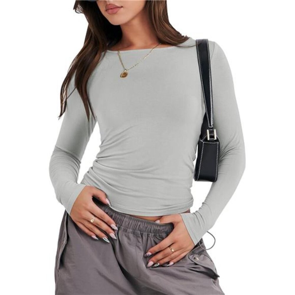 Women’s Basic Crewneck Long Sleeve Grey Shirts Tight Fitted Going Out Crop Tops